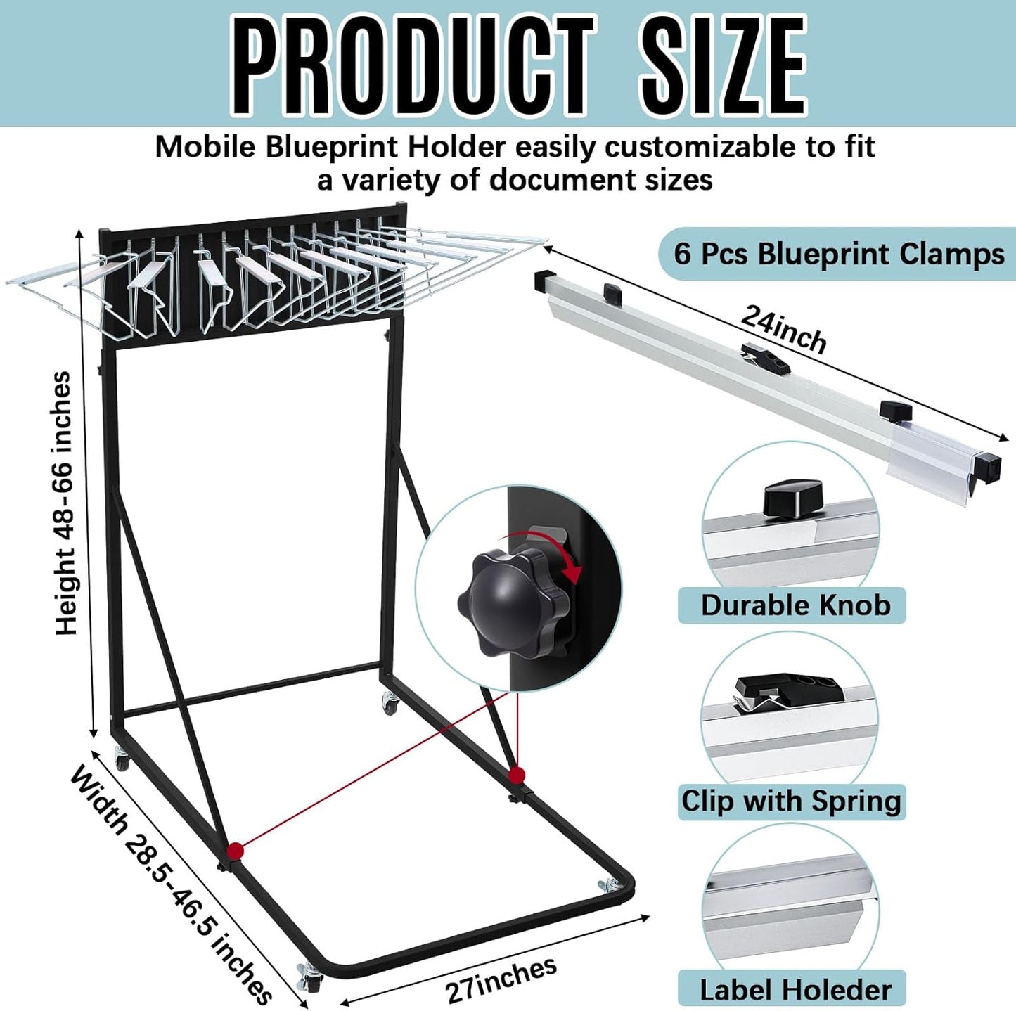 Estune Mobile Blueprint Holder Rack, Adjustable Mobile Blueprint Holder with 6 24 In Hanging Clamps 4 Wheels Poster Display Rack Storage Organizer Stand for File Display Plan Office Home(Black)