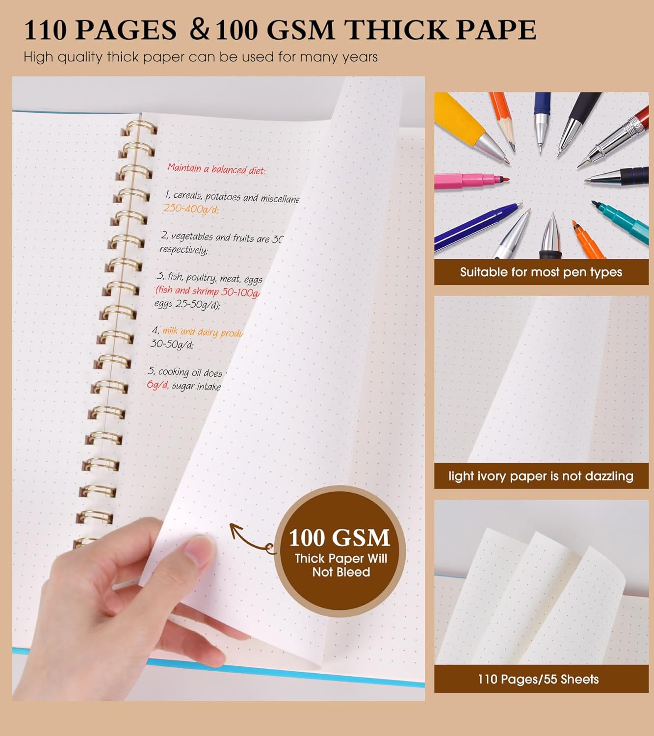 Dotted Notebook, Spiral Notebook Journal 8.5” x 11”, A4 Large Dot Grid Notebooks for Women Men, 100 GSM Dotted Paper, Plastic Hardcover Spiral Bullet Journals for Work School Sketching, Blue