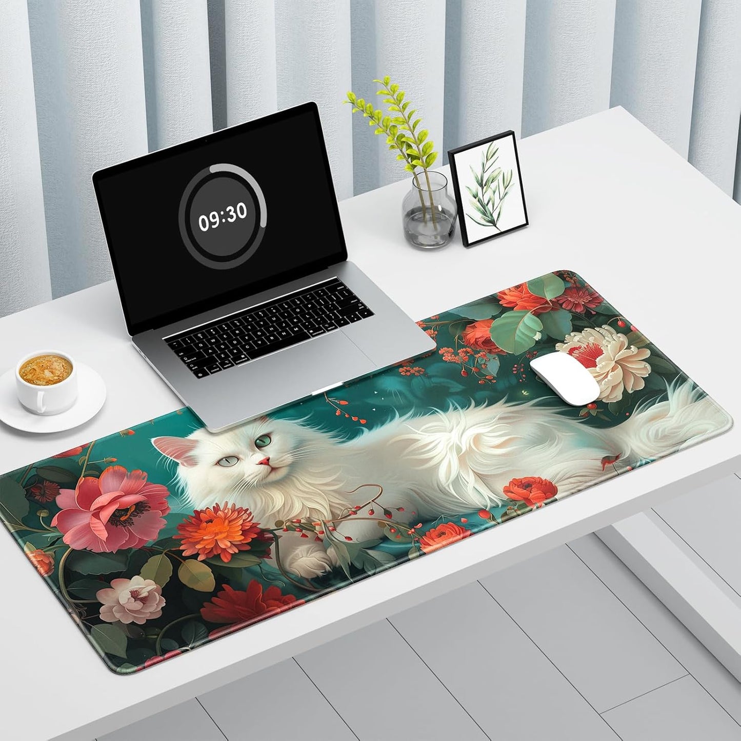 Auhoahsil Large Gaming Mouse Pad, Flower & Cat XXL 35.4 x 15.7 in Desk Pad Stitched Non-Slip Rubber Long Computer Mousepad Thin Extended Full Size Desk Mat for Desktop, Laptop, Wireless Mice