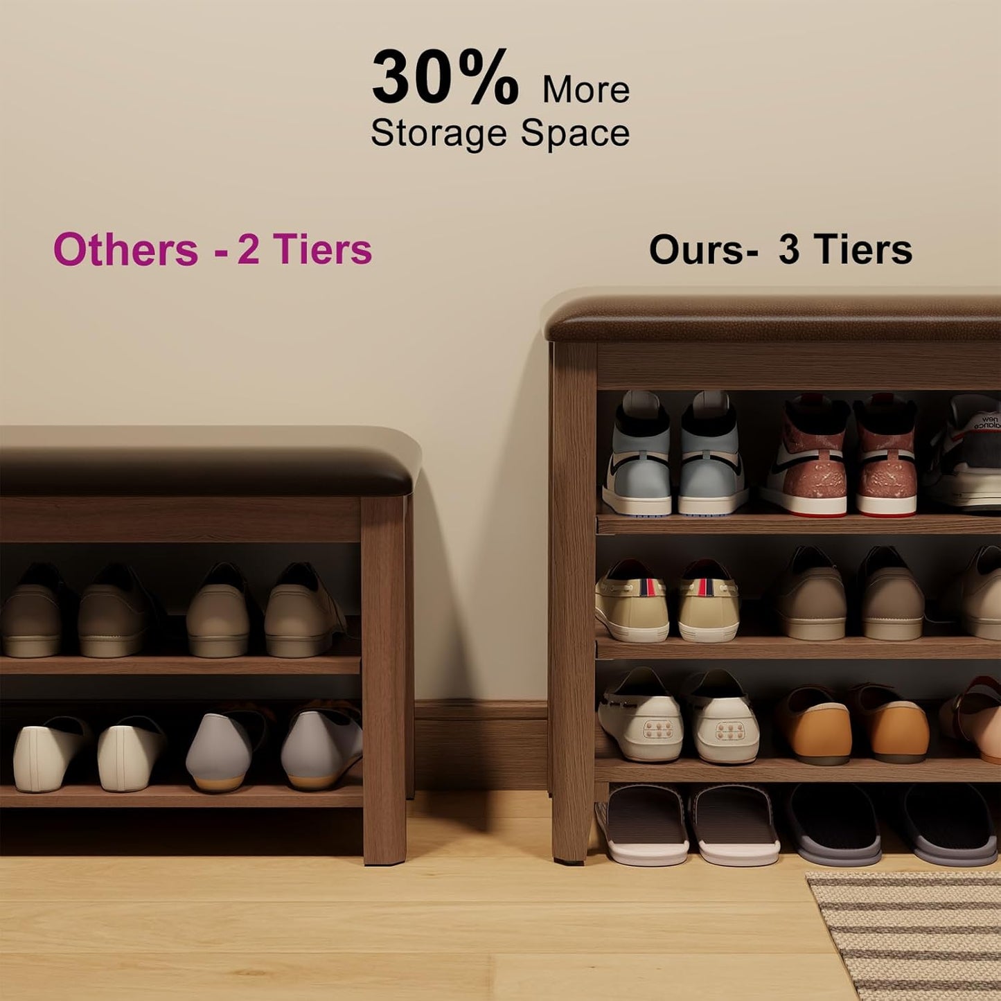 Shoe Bench with Leather Cushion, 3 Tiers Shoe Storage Bench Height Adjustable, Walnut Wood Entryway Bench for Hallway, Mudroom