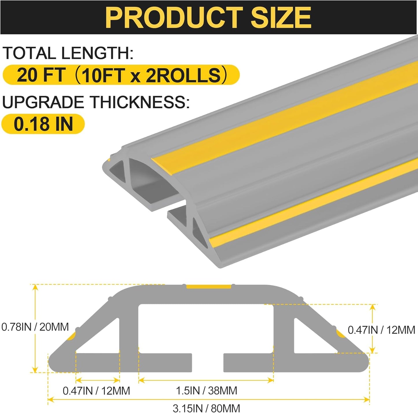 MYFAMIREA 20FT Floor Cord Cover Heavy Duty Cable Cover Protector 3 Channels Extension PVC Floor Wire Cover Outdoor Cord Hider Management Cord Cover for Wire on Floor Home Outdoor (2PCS 10FT, Grey)