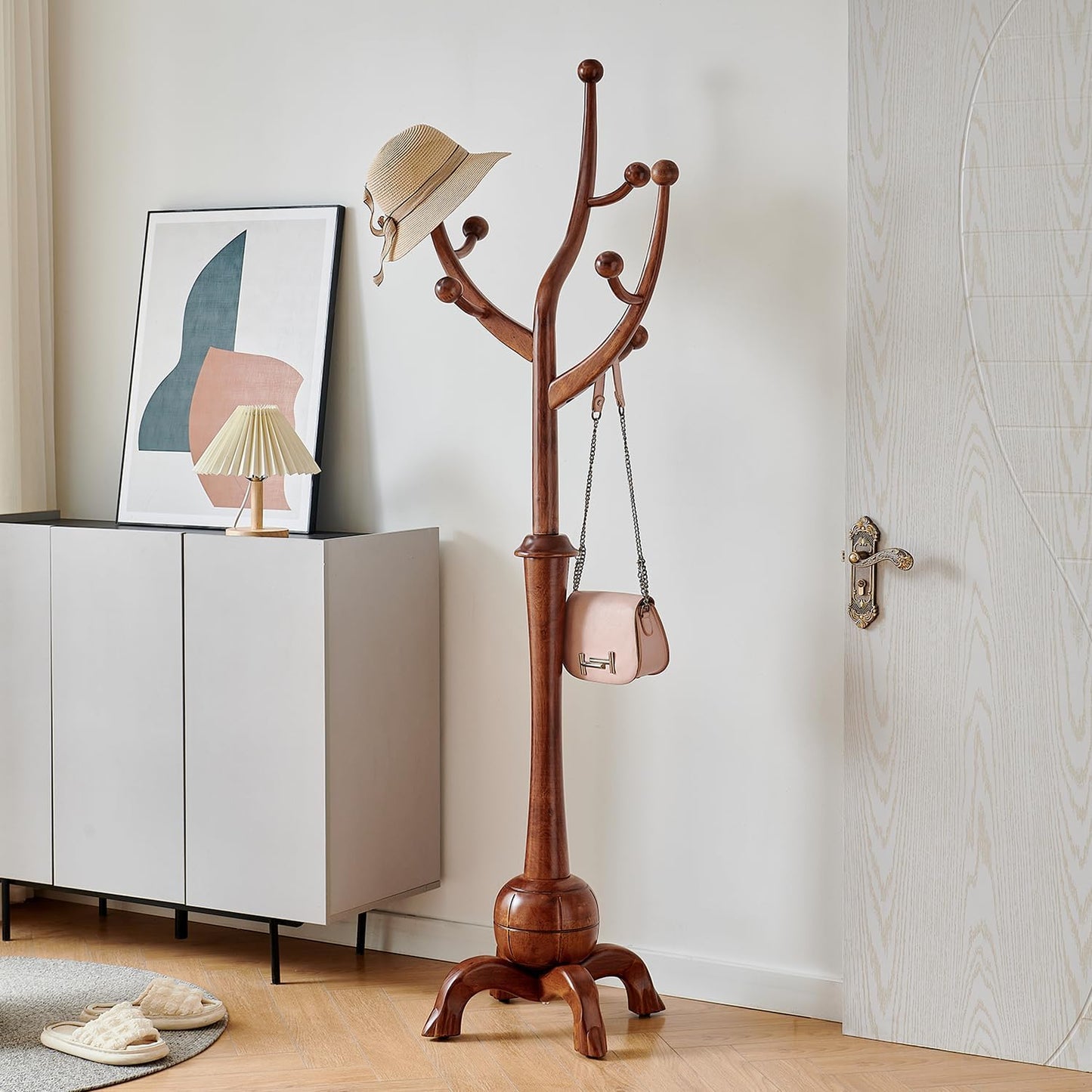 Entryway Wood Coat Rack Stand with Tree Branch Hooks, Freestanding Wooden Hat Coat Tree