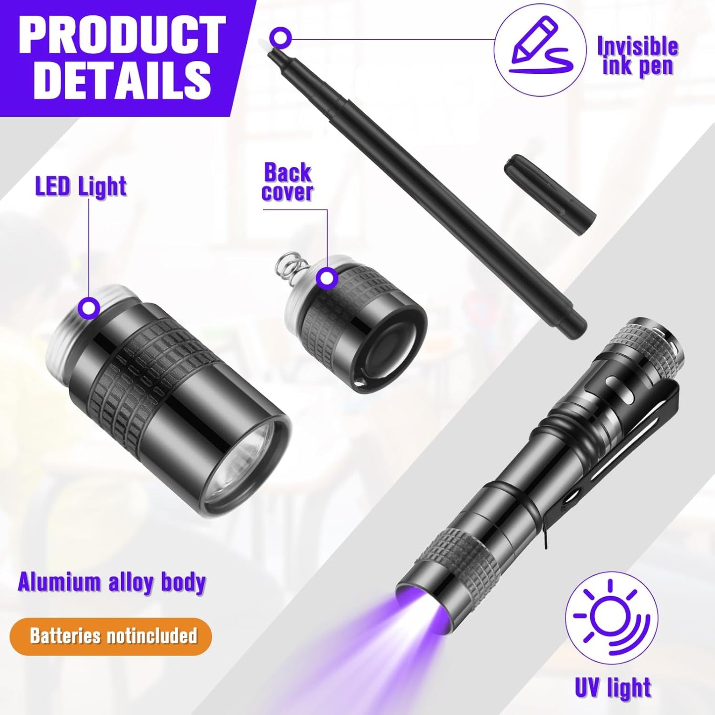 Tegeme 8 Pcs Black Light Markers Set 4 Invisible Ink Pen 4 Mini UV Flashlights Invisible Ink Marker Disappearing Pen for Class Prizes Spy Gift Party Favors(Grey and Black)