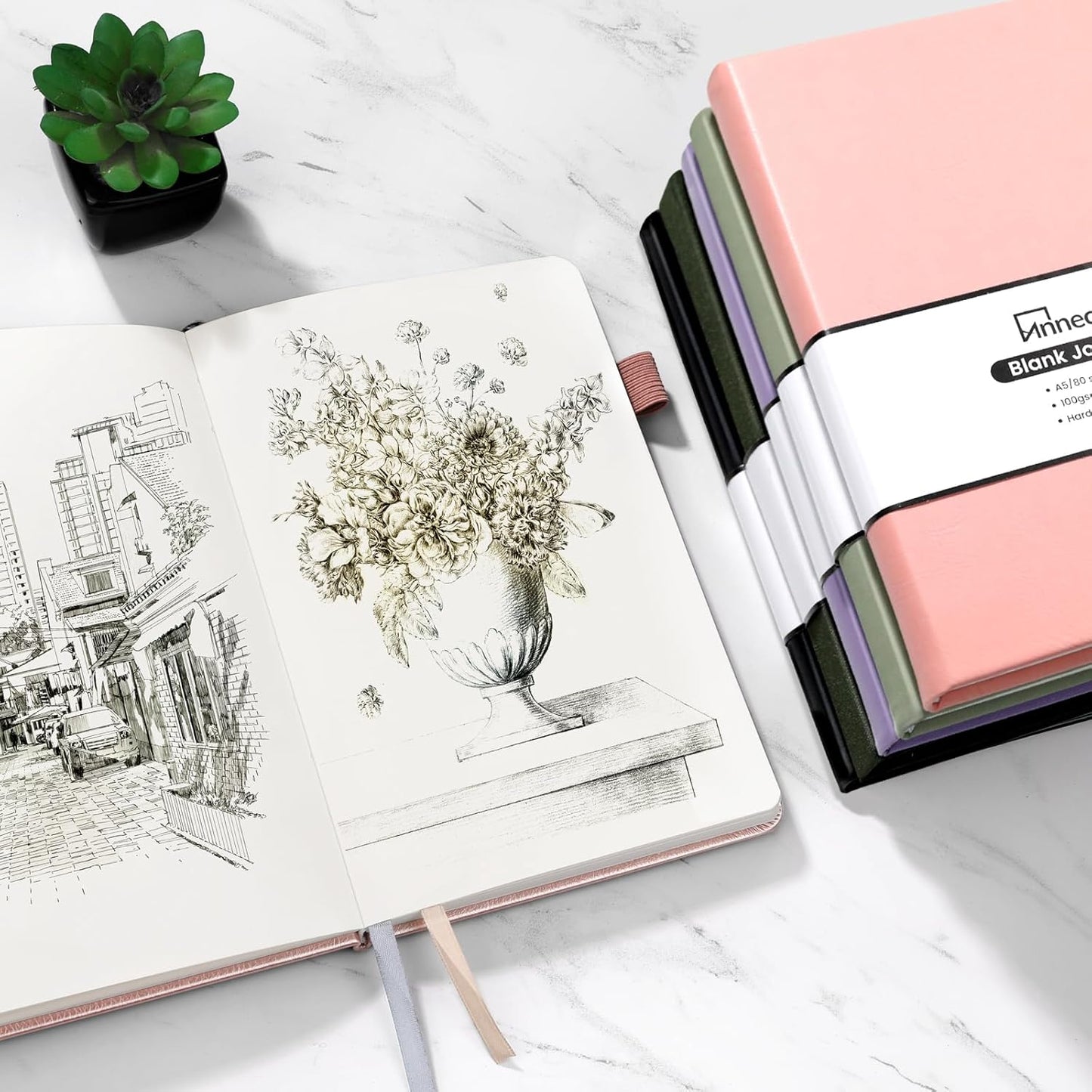 Annecy Blank Journal Notebook, Medium 5.5x 8.25, 160 Pages 100GSM Writing Paper, A5 Peach Pink Faux Leather Cover with Pen Loop