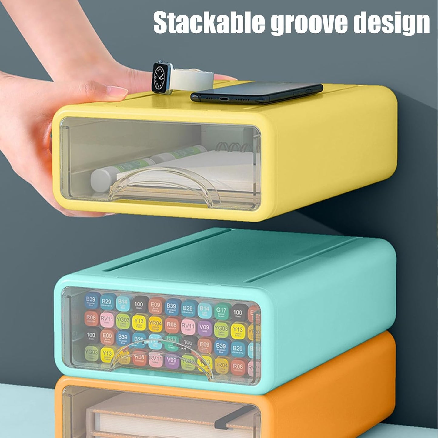 Desk Organizer with Drawers, Stackable Storage Drawers with Compartments Desktop Organization for Office Supplies, Makeup, Pencils, Tape, Erasers, Paperclips, Chargers (4 Pack)