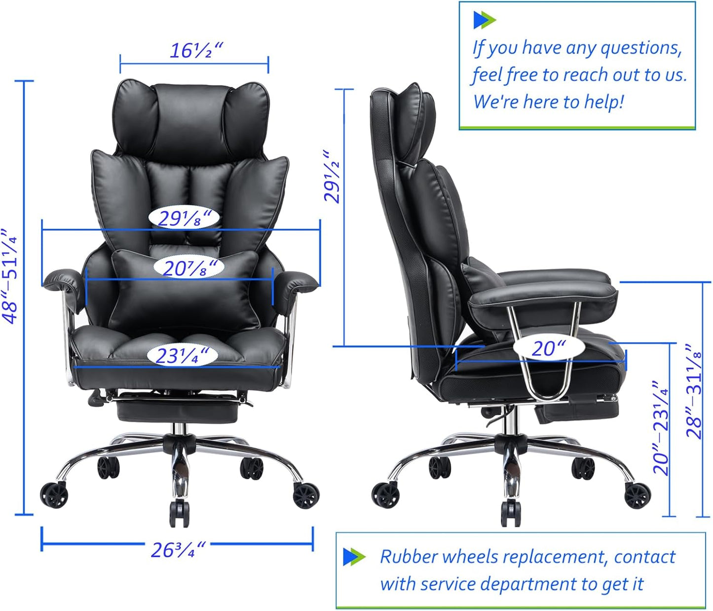 Efomao Desk Office Chair 400LBS, Big and Tall Office Chair, PU Leather Computer Chair, Executive Office Chair with Leg Rest and Lumbar Support, Black Office Chair
