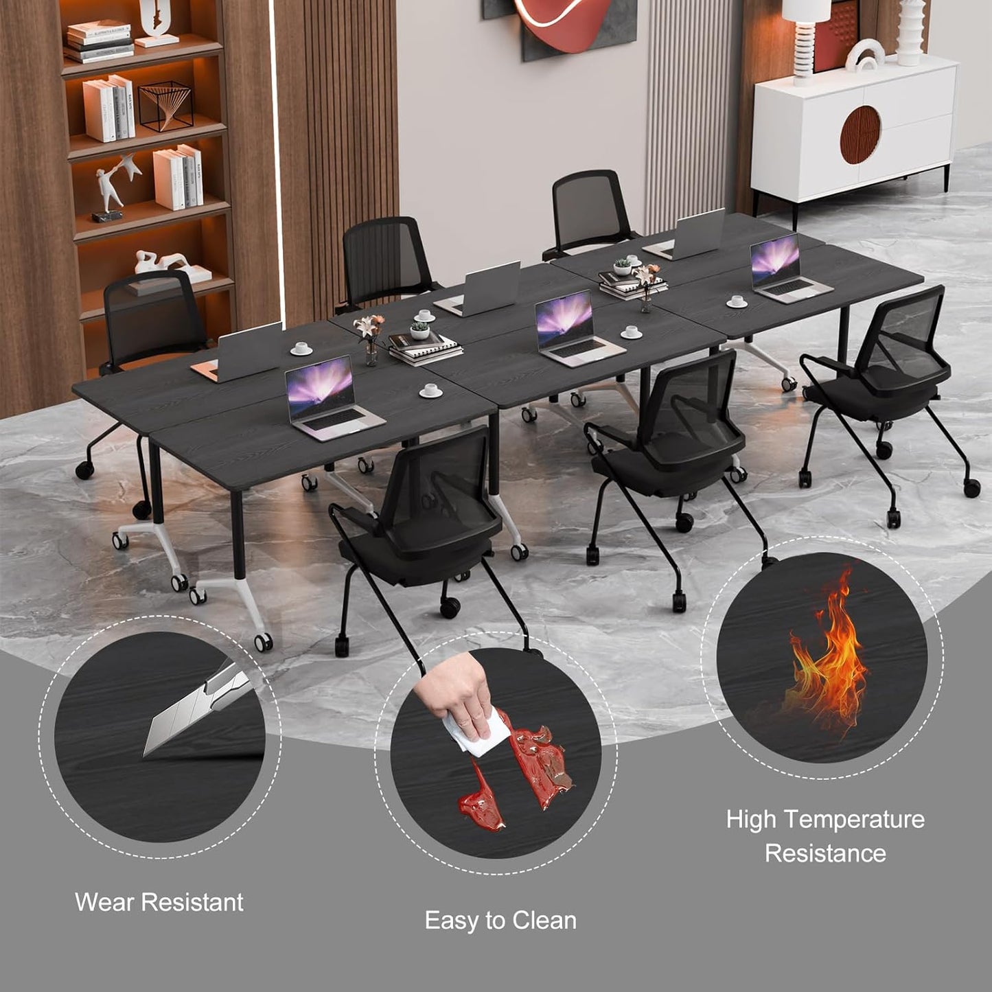 Conference Room Table with Flip-Top Design for Dynamic Meetings, Business Table Computer Desk with Heavy-Duty Frame,Foldable Seminar Meeting Tables for Home Office (4, F, 55.1IN)