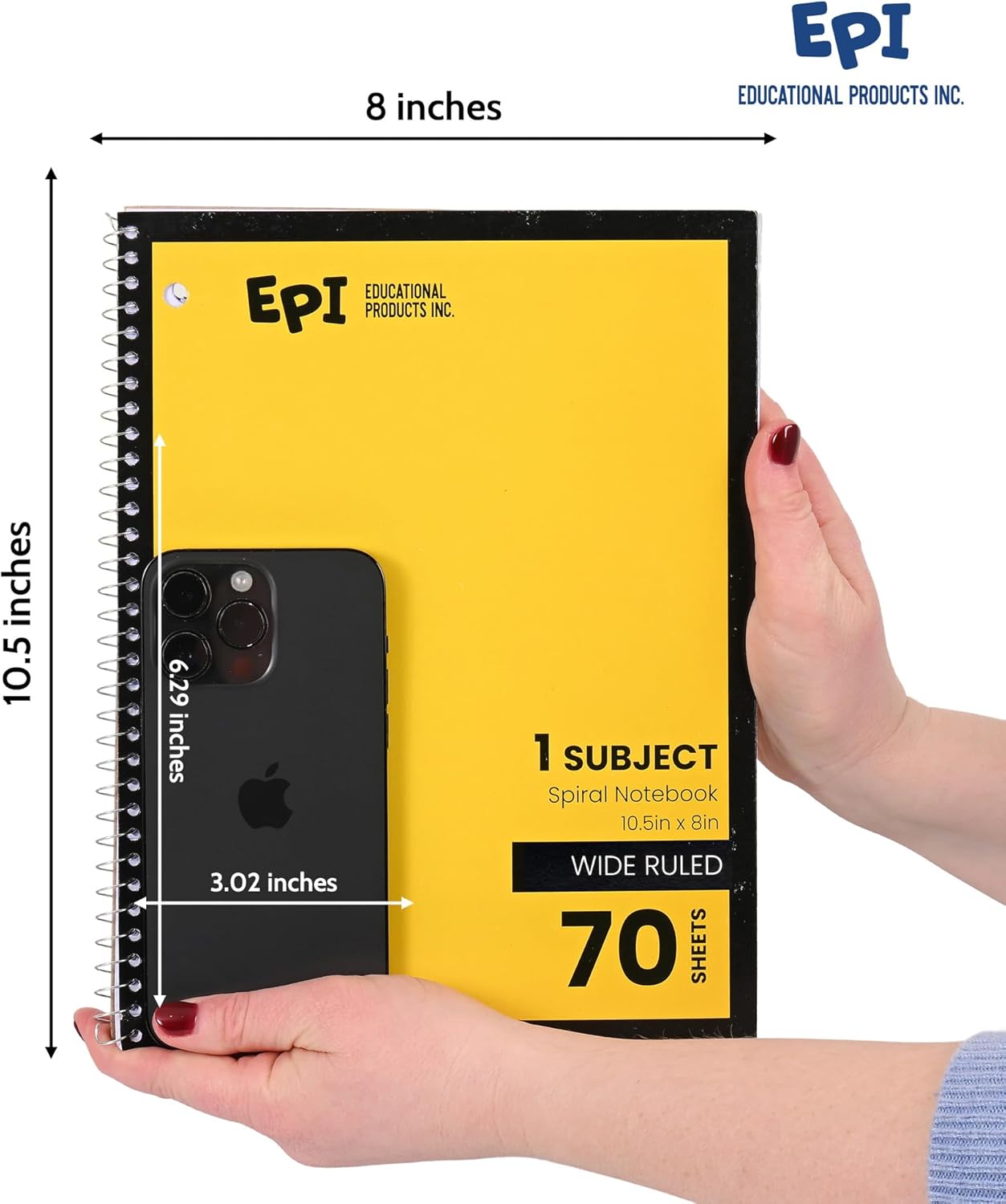 EPI Spiral Notebook | Wide - 70 Sheets, Durable Spiral Binding | 10.5 x 8 in | Classroom Supplies | School, Office, Note Taking, Journaling - 48 Pack