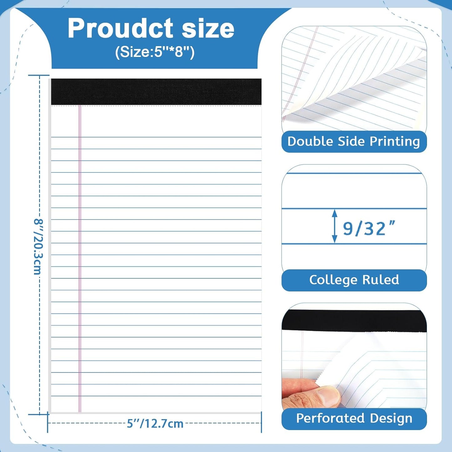 6 Pack Legal Pad 5x8, 180 Sheets Small Note Pad College Ruled Writing Pad Perforated Notepad for School, Office, To-Do Lists Grocery List Shopping List, 30 Sheets White