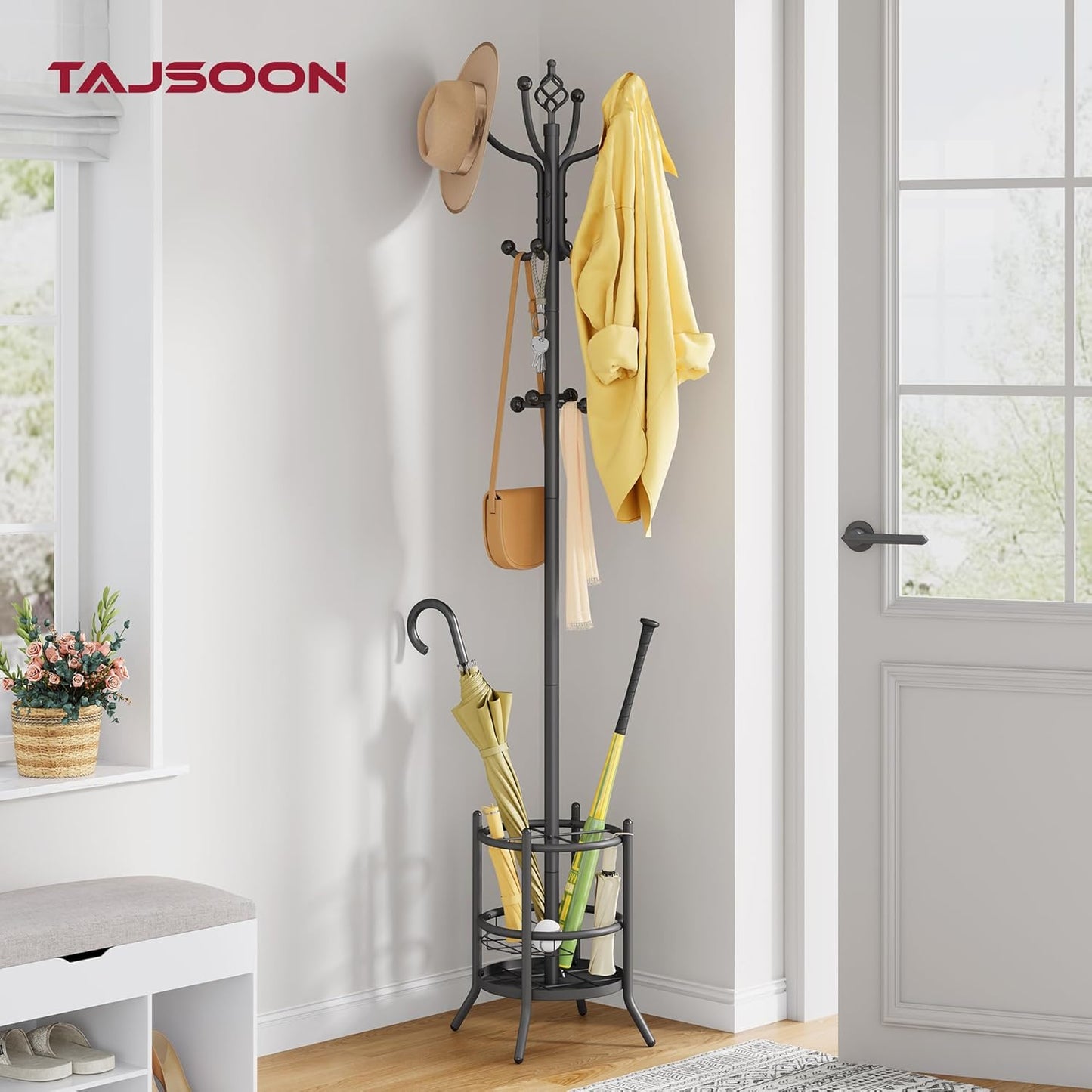 Tajsoon Coat Rack with Umbrella Holder, Coat Tree Freestanding, Coat Rack Stand with 16 Hooks, Coat Stand for Living Room, Bedroom, Office, Grey