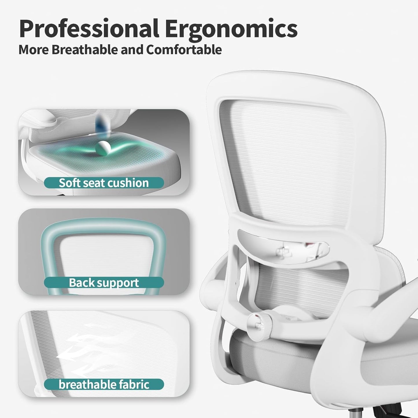 Office Chair - Ergonomic Desk Chair with Adjustable Lumbar Support, Mesh Computer Chair, Executive Chair for Home Office Comfortable Lumbar Support (White White)