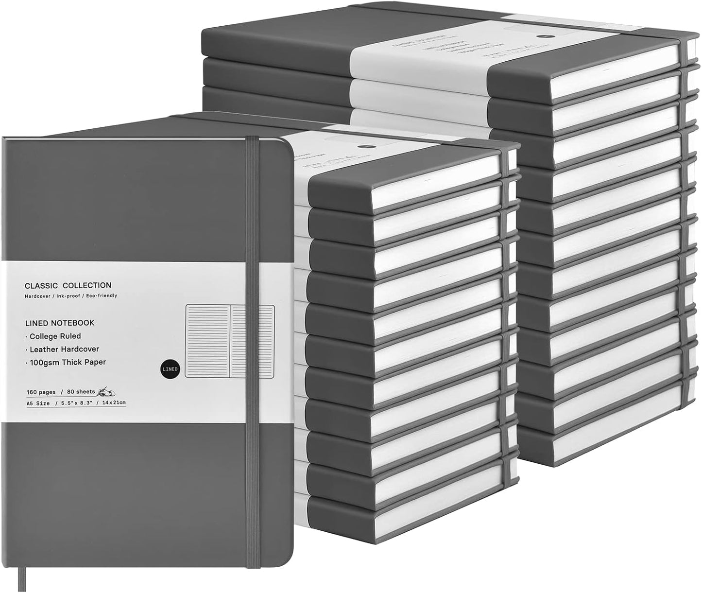 Coopay 24 Pack A5 Journal Notebooks Bulk, 160 Pages, 100GSM Thick Paper, 8.3 x 5.5 inch Hardcover Lined Leather Journals for Writing Office School Business,Bulk Notebook for Work Men Women(Gray)