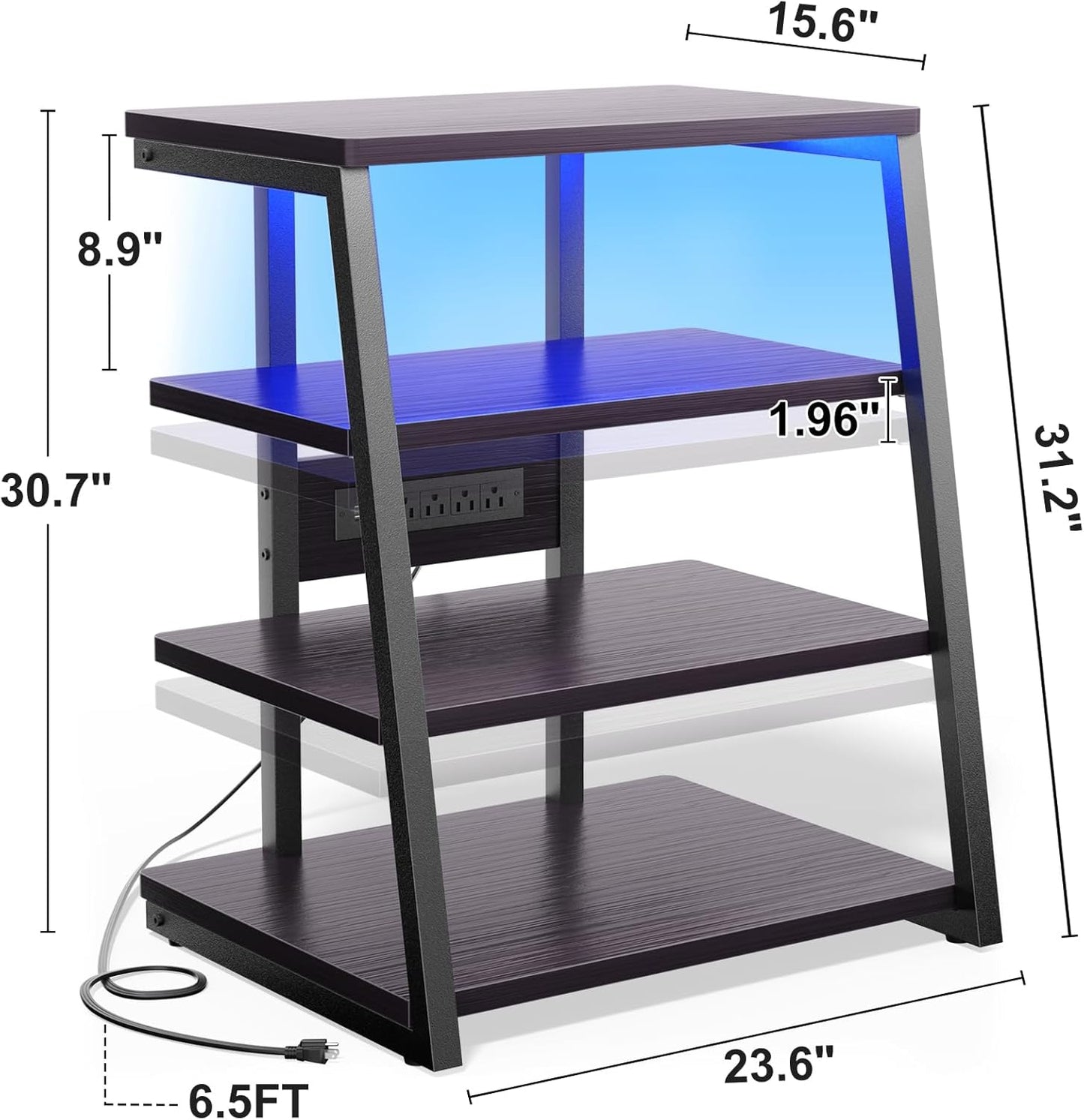 AV Media Stand with Outlets, Media Console with LED Lights, Stereo Racks and Stands with Storage Shelves, Media Audio Tower Cabinet, Black Enoby