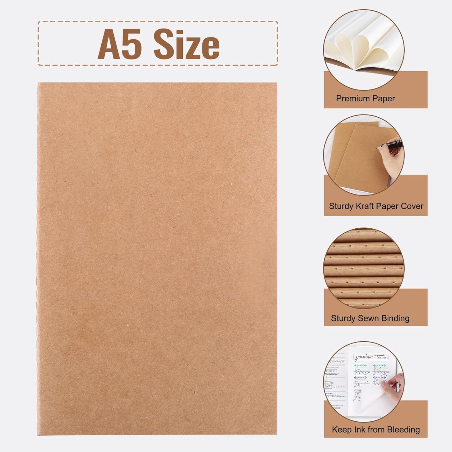 EOOUT 100pcs A5 Blank Kraft Notebooks, Journals in Bulk, Sketchbooks Bulk for Kids, 60 Pages, 80GSM, 8.3 X 5.5 Inch, Travel Journal Set, Travelers, Students and Office