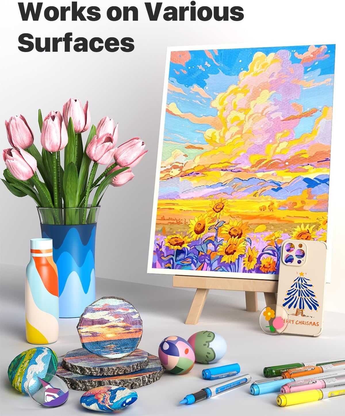 JusArt Acrylic Paint Markers Brush Tip 18 Colors for School Art, Water-Based No-Bleed Markers with Automatic Ink Control, Waterproof Acrylic Paint Pens for Rock, Egg, Wood, Fabric, Glass, DIY Crafts