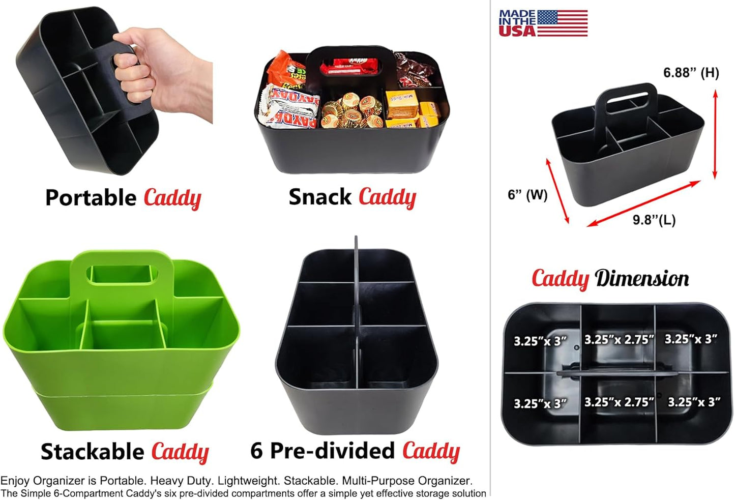 Small Stackable Plastic Caddy with Handle 6 Compartment | Desk, Makeup, Dorm Caddy, Classroom Art Organizers - 4 Pack, Made In USA (Green)