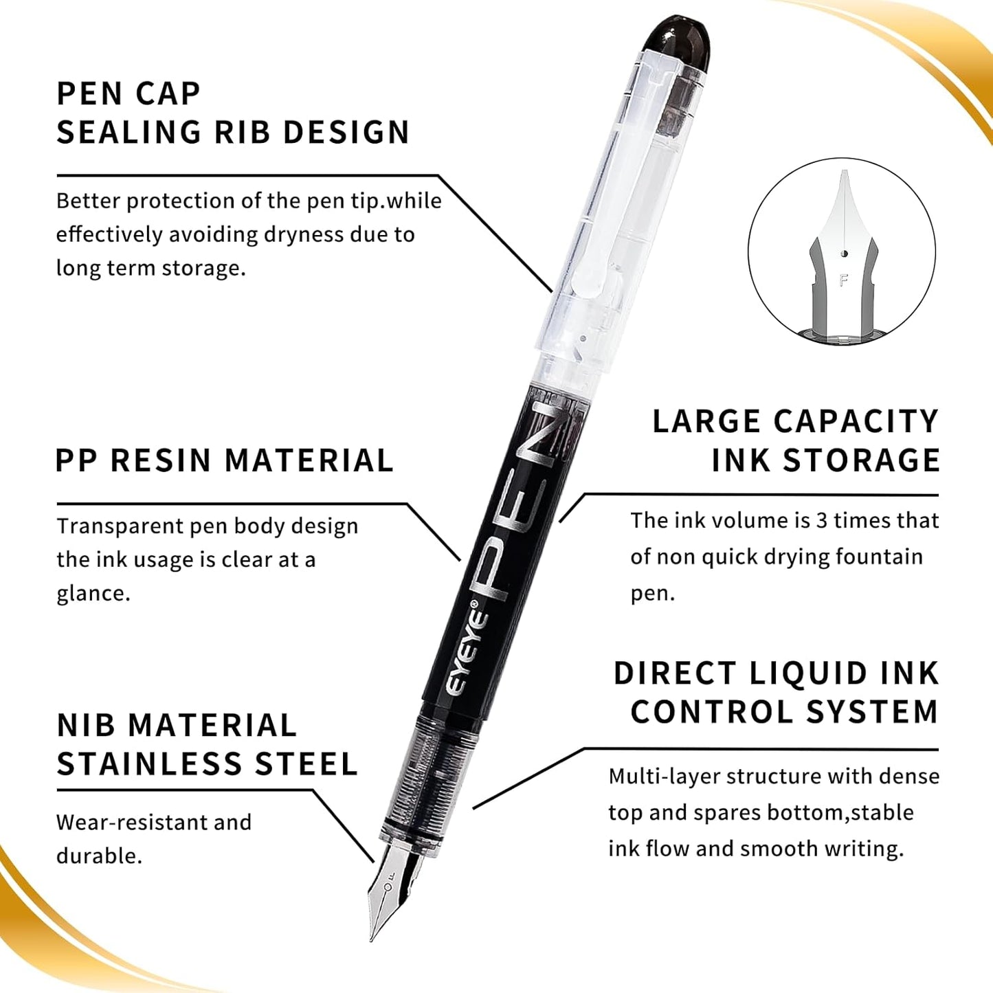 EYEYE Disposable Fountain Pens Fine Point, 8 Pack Black Calligraphy Pens for Writing, Stainless Steel Nib, Smooth Writing for Journaling, Drafting, Sketching, Doodling & Office Supplies