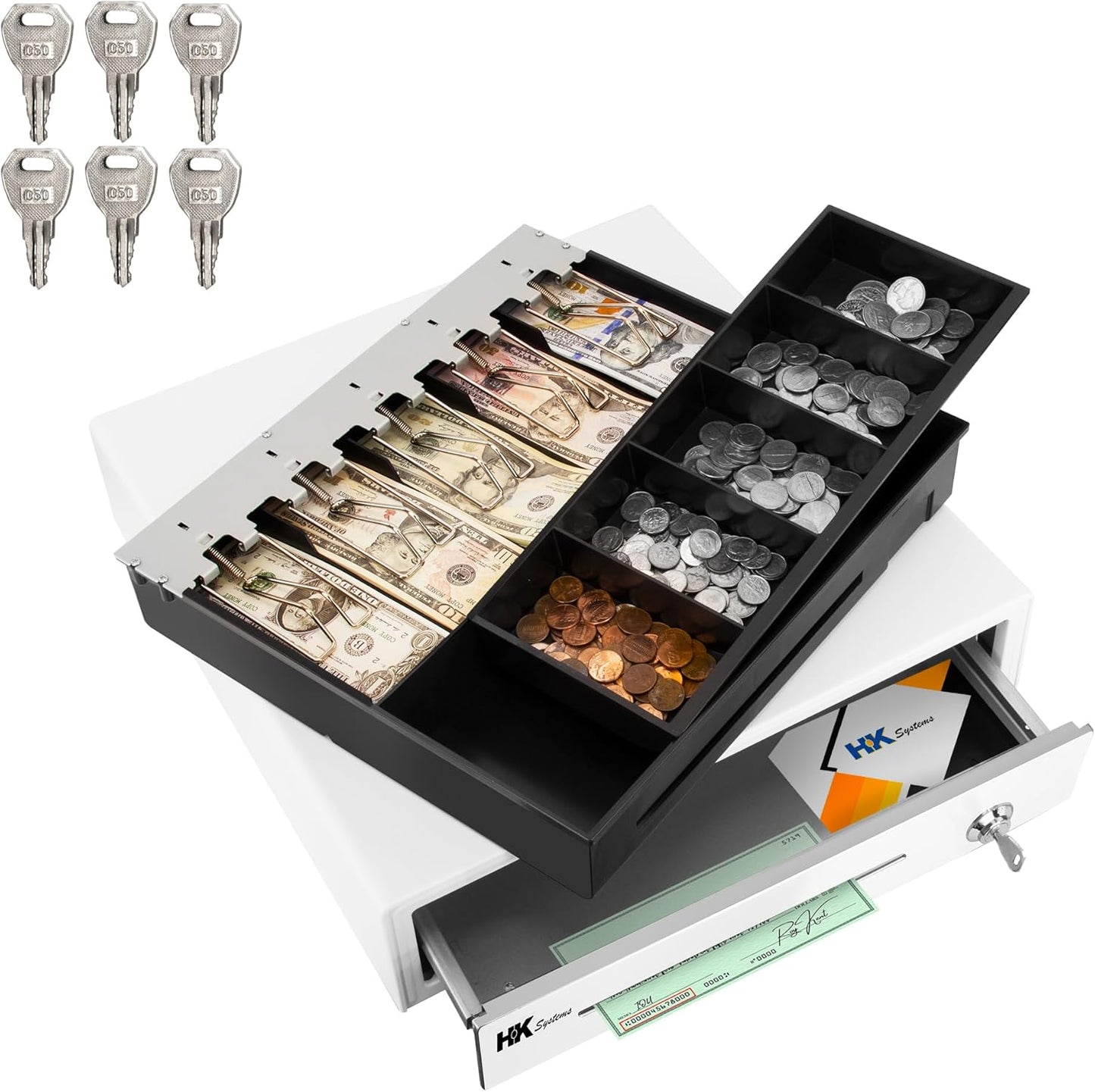 HK SYSTEMS 16inch "Stainless Steel" Front White Heavy Duty POS Interface Cash Drawer with 5Bill/5Coin