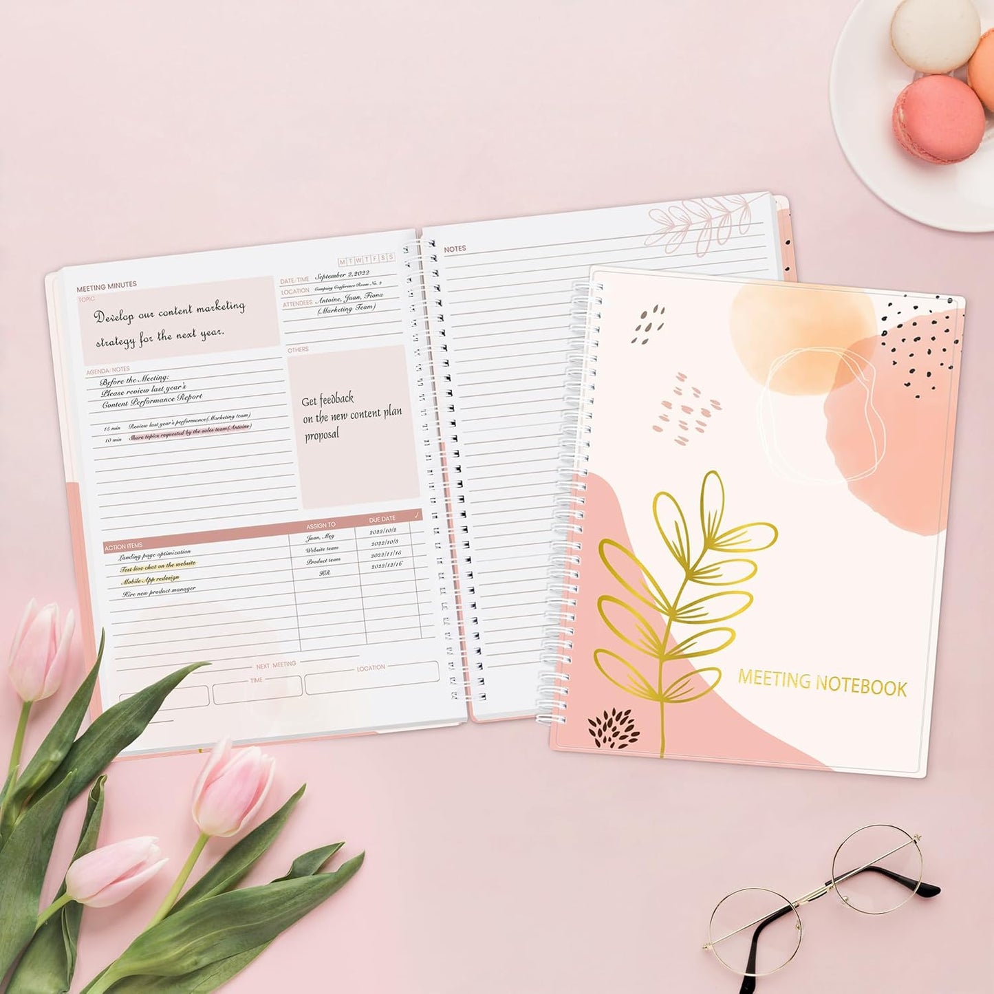 SUNEE Half Meeting Half Note - 8.5"x11" Professional Notebooks for Work - 160 Pages, A4 Size Project Planner, Spiral Meeting Agenda/Minutes Organizer for Women Men, Note Taking, Office & Business