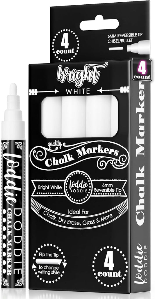 Loddie Doddie Liquid Chalk Markers - Pack of 4, 6mm White Chalk Markers for Chalkboard, Window, Glass & Bistro, Bullet & Chisel Tip - Erasable Ink Pens for Blackboard - Chalkboard Pens Erasable