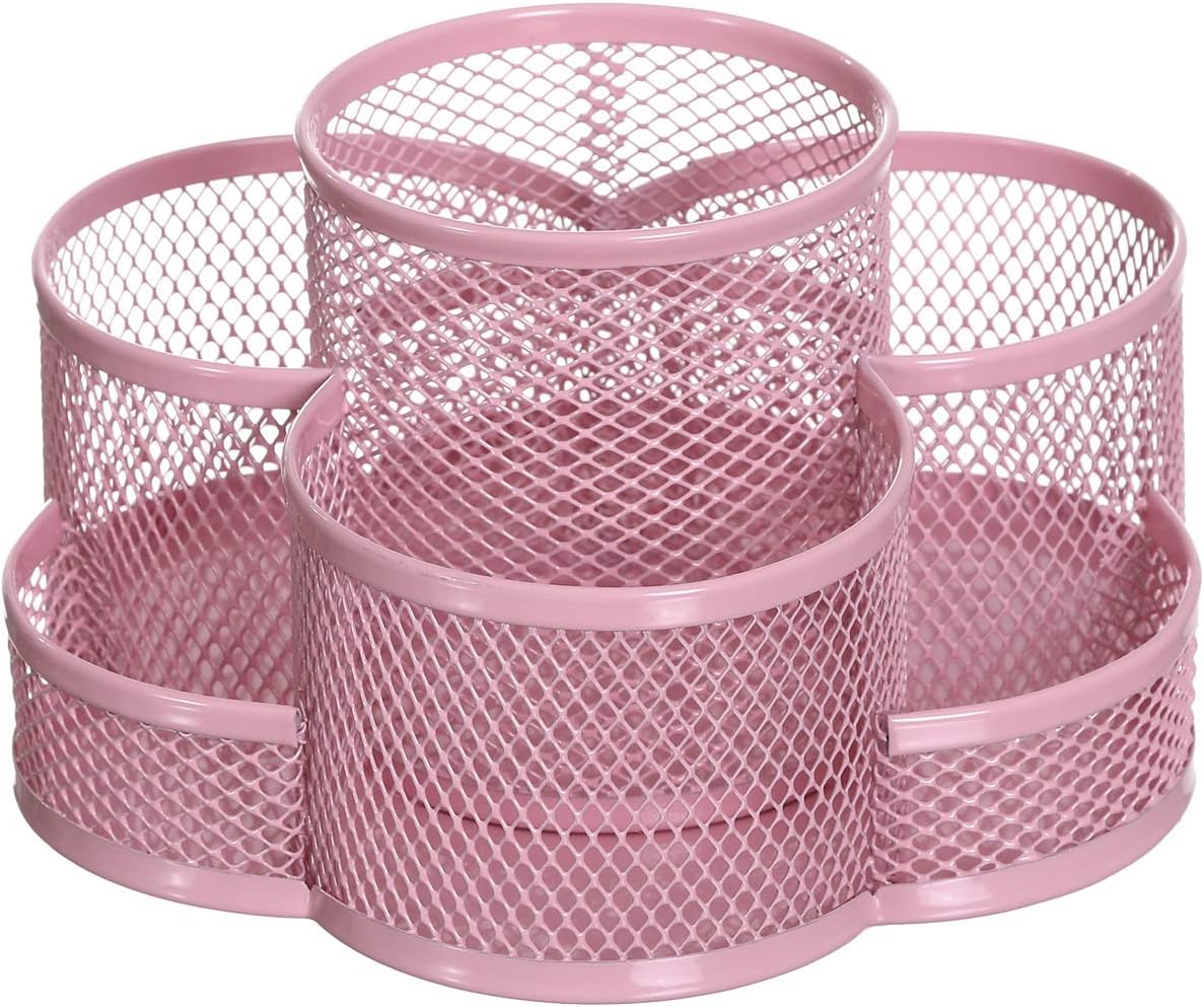 360 Rotatable Metal Mesh Desktop Pen Holder Pencil Holder Pencil Organizer Stationery Organizer Pen Pot Makeup Brush Organizer for Home School Office (Pink)