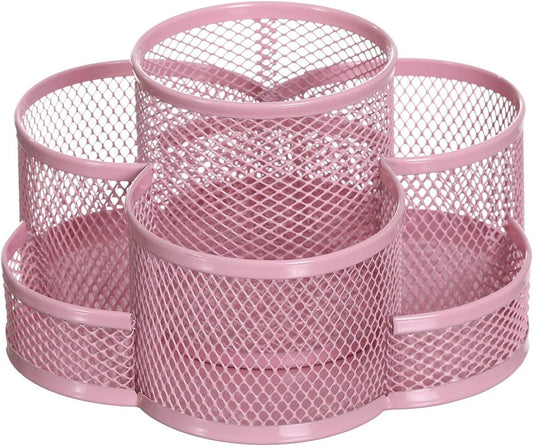 360 Rotatable Metal Mesh Desktop Pen Holder Pencil Holder Pencil Organizer Stationery Organizer Pen Pot Makeup Brush Organizer for Home School Office (Pink)