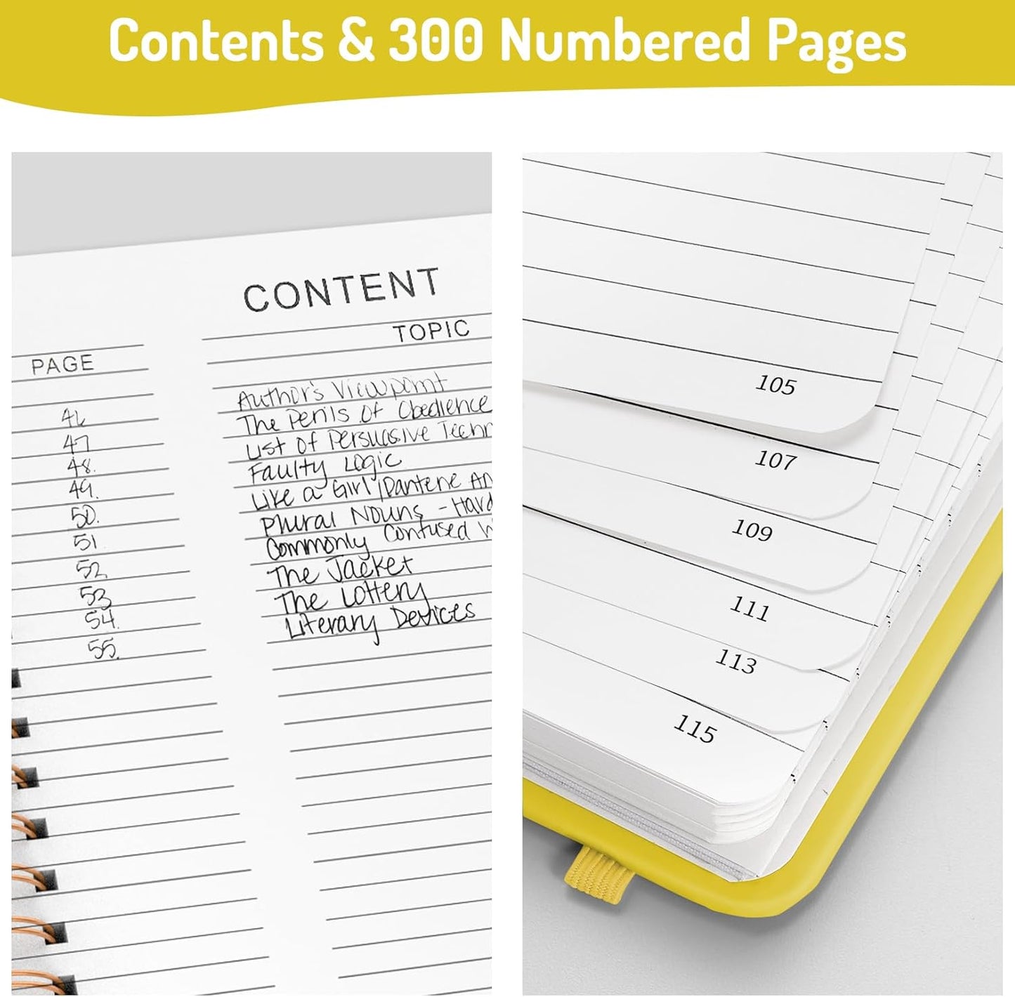 Forvencer A4 Lined Spiral Journal Notebook with 300 Numbered Pages, 11" X 8.5" Thick Journals for Writing with 100GSM Paper, Hardcover Notebooks with Contents for Work, School, Yellow