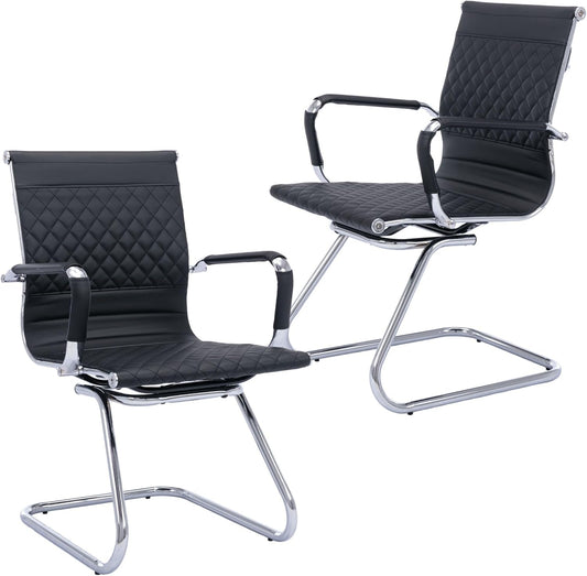 Office Guest Chairs - Reception, Waiting Room & Conference Room Set of 2 - Mid Back, Modern PU Leather Desk Chairs, Black
