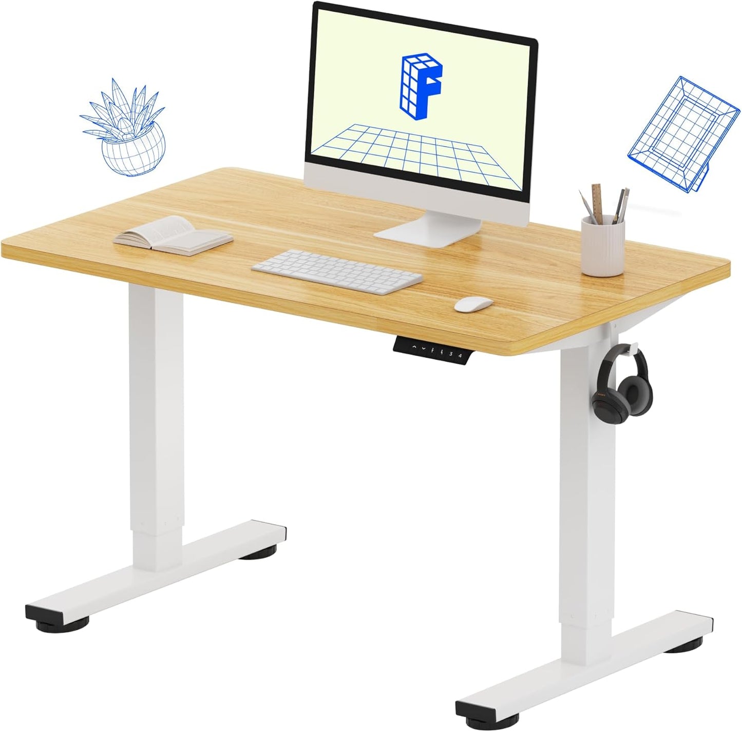 FLEXISPOT EN1 One Piece Standing Desk, 40 x 24 Inches Adjustable Height Desk for Small Space Electric Sit Stand Home Office Table Computer Workstation (White Frame + Maple Desktop)
