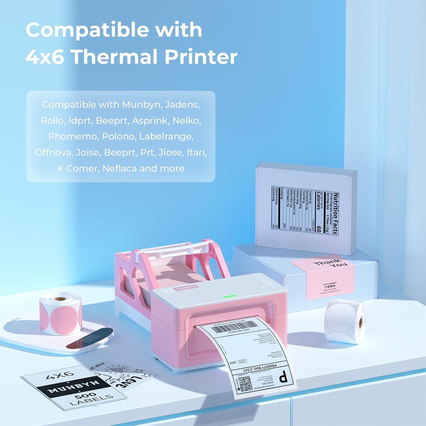 MUNBYN 4x6 Inch Blue Direct Thermal Shipping Labels, Commercial Grade Permanent Adhesive Fanfold Mailing Postage Label Paper for Thermal Printers and Packages, 500 Sheets per Stack