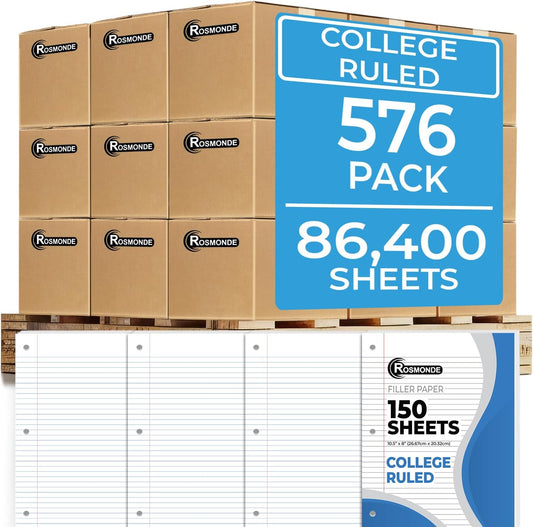 576 Pack (Pallet) Loose Leaf Paper Bulk, 86400 Sheets, College Ruled, Pallet of Filler Paper, 150 Sheets/Pack, 8 x 10.5",3 Hole Punched, 56 Gsm Thick Paper, School & Office, 4-7 Days Transit