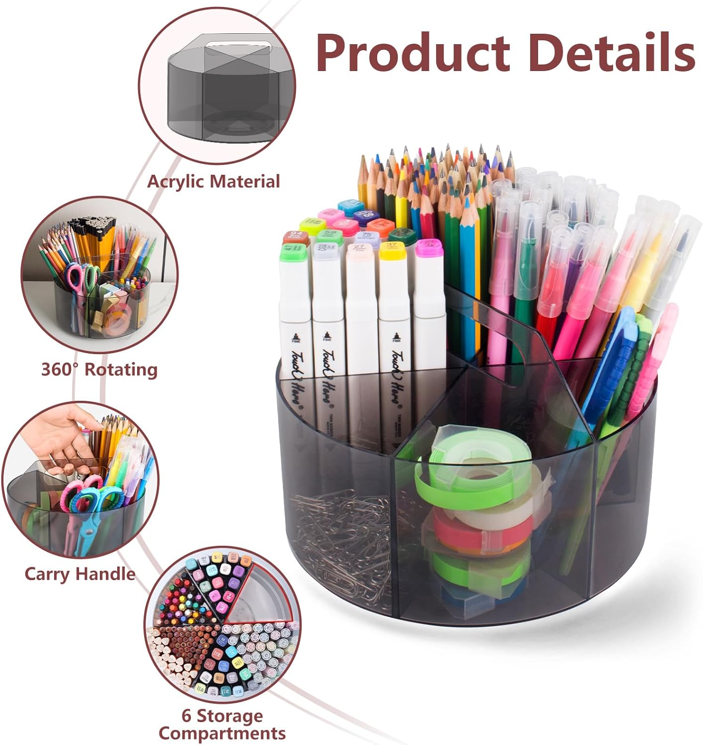 Absonic Acrylic Pen Holder Crayon Organizer for Kids, 6 Slots Arts and Crafts Organizer Marker Caddy Organizer for Classroom, 360 Rotating Pencil Holder Art Supplies Storage for School Office Grey