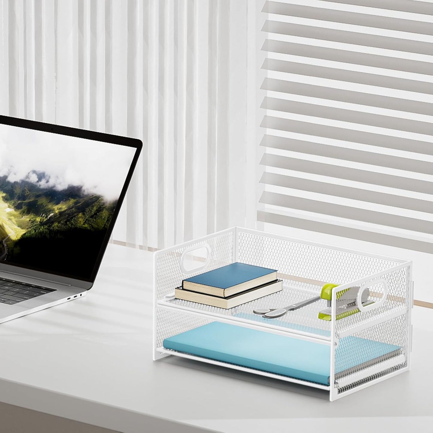 Marbrasse 2 Tier Paper Organizer Letter Tray, Mesh File Organizer with Handle, Paper Sorter Desk Organizer for Home Office Supplies - White