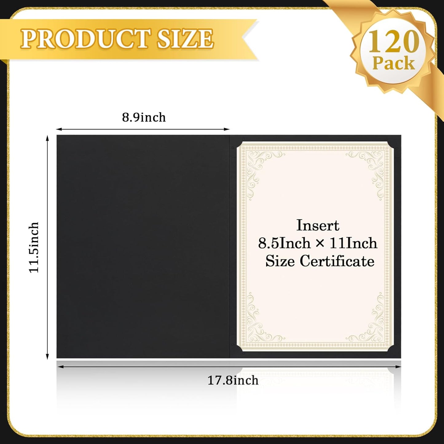 Ndsox 120 Packs Black Certificate Holders, Graduation Diploma Holders, 350GSM, Diploma Covers with Gold Foil Border for Letter Size 8.5" x 11" Award Certificate Paper, Cardstocks and Documents