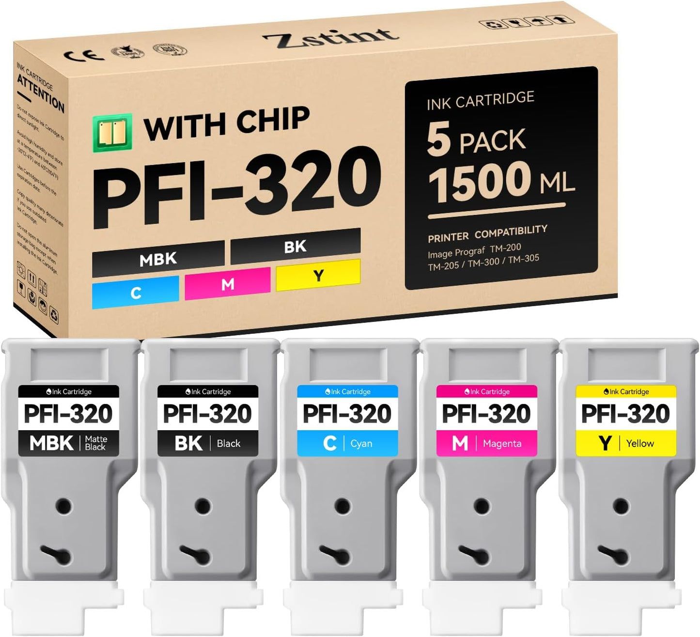 PFI-320 Pigment Ink Tank Set 5-Pack 300ml High Capacity Replacement for Canon PFI-320 PFI320 Ink Cartridges Compatible with Canon imagePROGRAF TM-200 TM-205 TM-300 TM-305 Printer Black Yellow Magenta