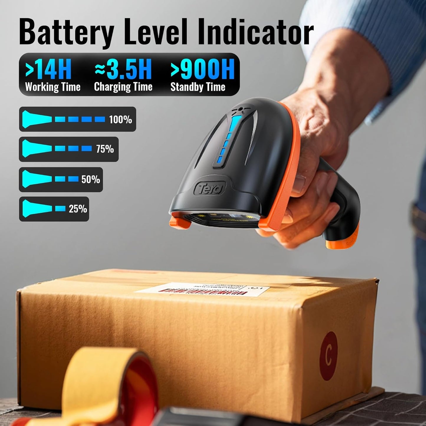 Tera Barcode Scanner Wireless 1D Laser Cordless Barcode Reader with Battery Level Indicator, Versatile 2 in 1 2.4Ghz Wireless and USB 2.0 Wired
