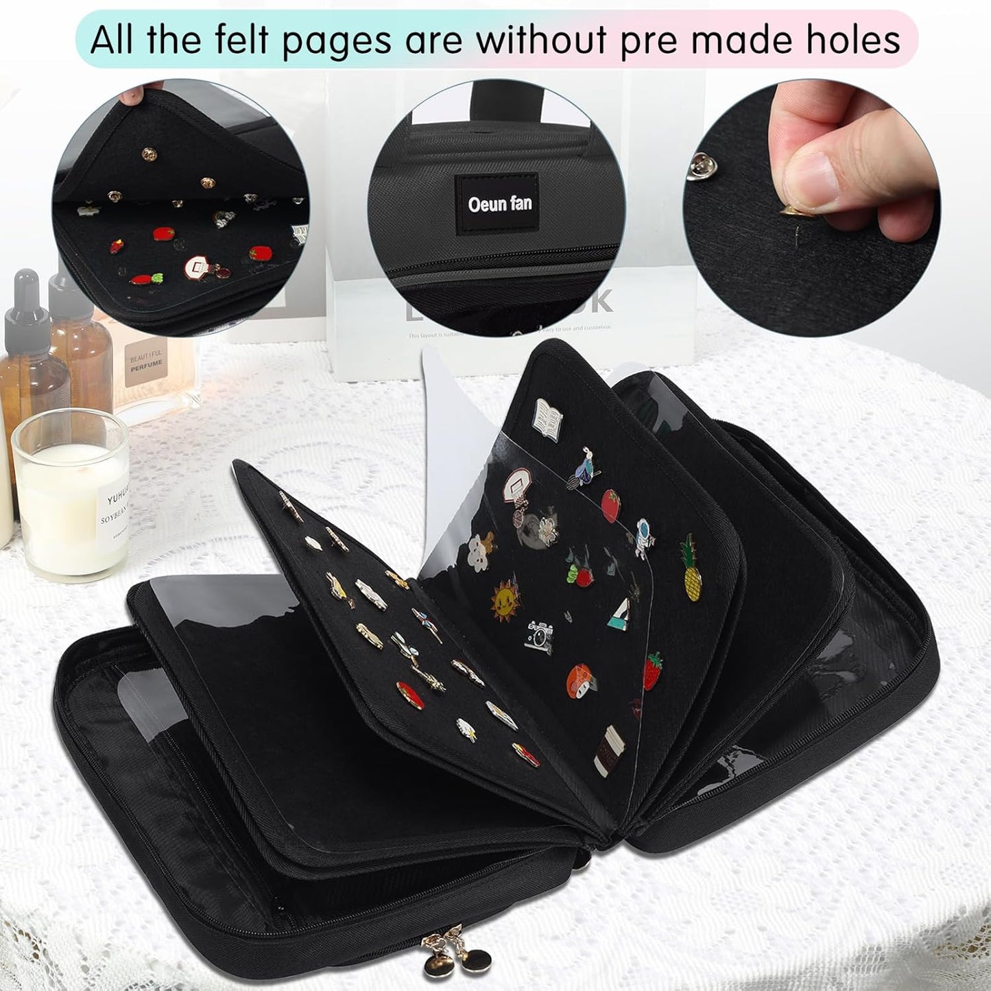 Enamel pin display bag, 8-page pin trading book, collectible pin board, suitable for storing pins, brooches, patches (black)
