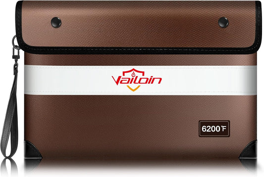 Vailoin 6200℉ Insulated Fireproof Money Bag for Cash with Waterproof Zipper,Small Fireproof Pouch,Fire Proof Money Bag for Important Documents,Valuables (11"x7.7",Brown)