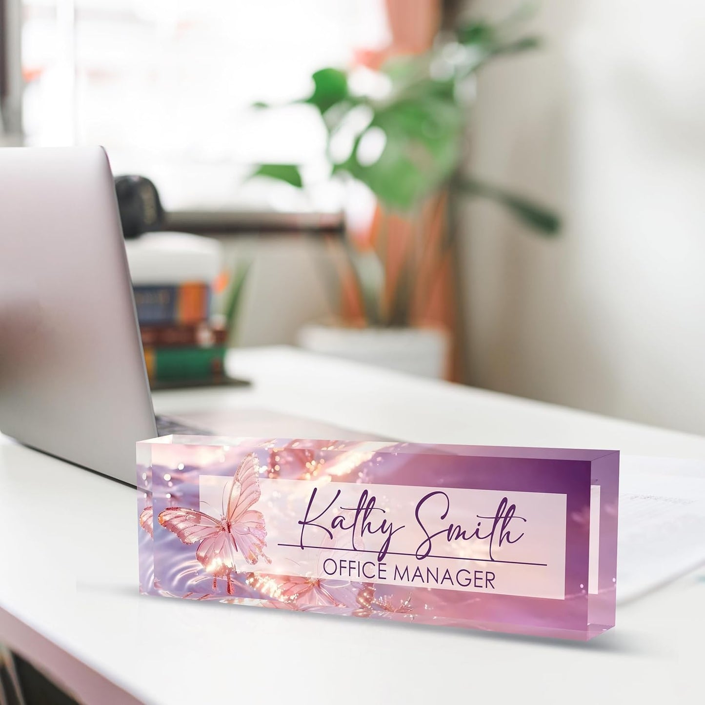 Personalized Name Plate for Desk, Custom Desk Name Plate, Acrylic Name Plate Office Desk Accessories, Personalized Office Gifts for Coworkers Teachers, Employee Appreciation Gifts (Purple Crystal)