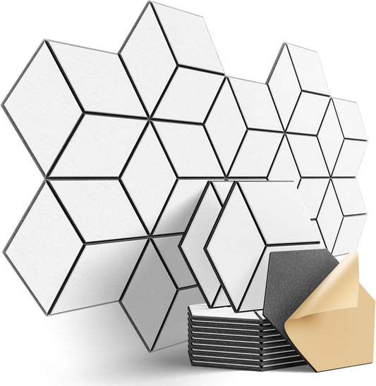 12-Pack Self-Adhesive Acoustic Panels 12" x 10" x 0.4" High-Density, Flame-Resistant Soundproof Foam. Absorbs Noise and Eliminates Echoes, Hexagonal 3D Design (White Face)