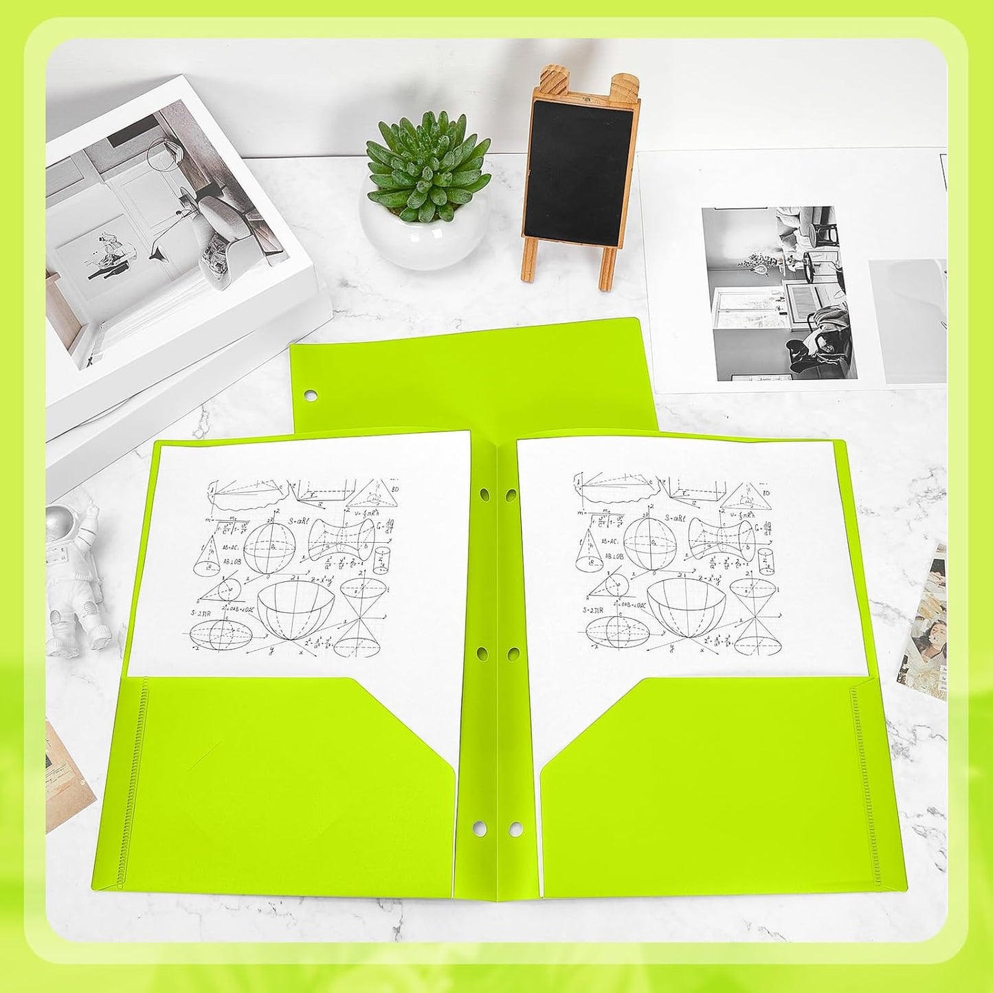 Yeaqee 100 Pcs Plastic Folders with Pockets Bulk 3 Hole Punched 2 Pocket File Folders for 3 Ring Binder Divider Folder for Notebooks, Durable Poly for Office Home (Fluorescent Green)