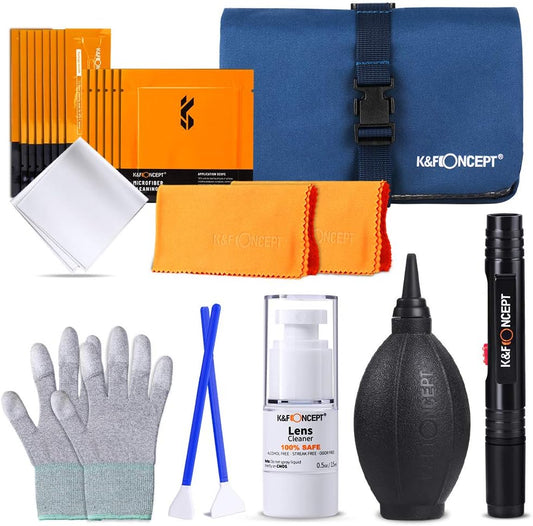 K&F CONCEPT Professional Lens Cleaning Kit for DSLR & Mirrorless Cameras with APS-C/Full-Frame Sensor Cleaning Swabs/Lens Cleaner/Gloves/Camera Blower/Lens Pen Brush/Microfiber Cloths/Carrying Case