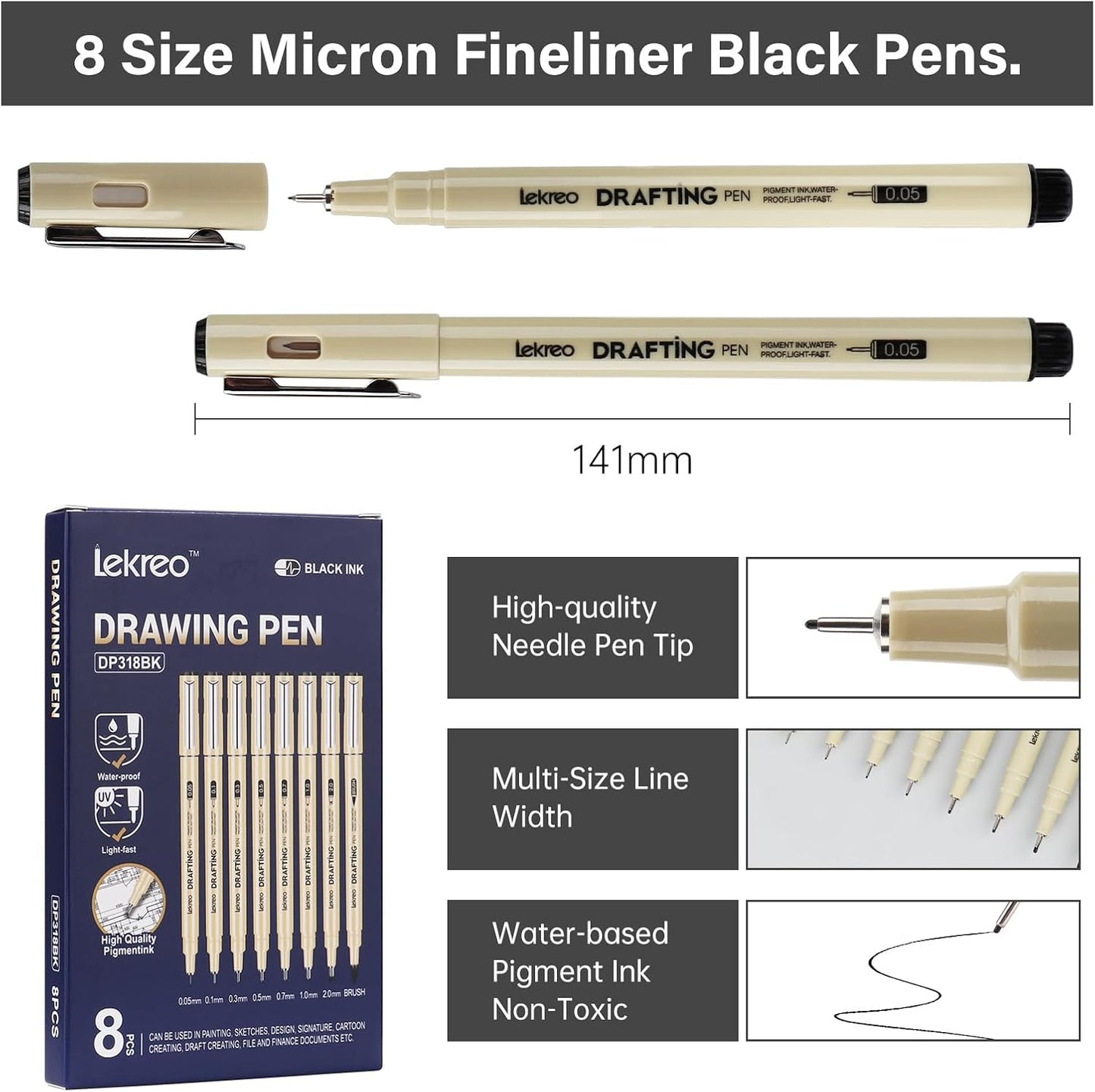 Micron 8 Counts Fineliner Pens - Archival Black Ink Pen - Assorted Points Sizes 0.05mm to 2mm Ultra Fine Tips & Brush Pens for Writing, Drawing, or Bullet Journaling (8 Point Sizes)