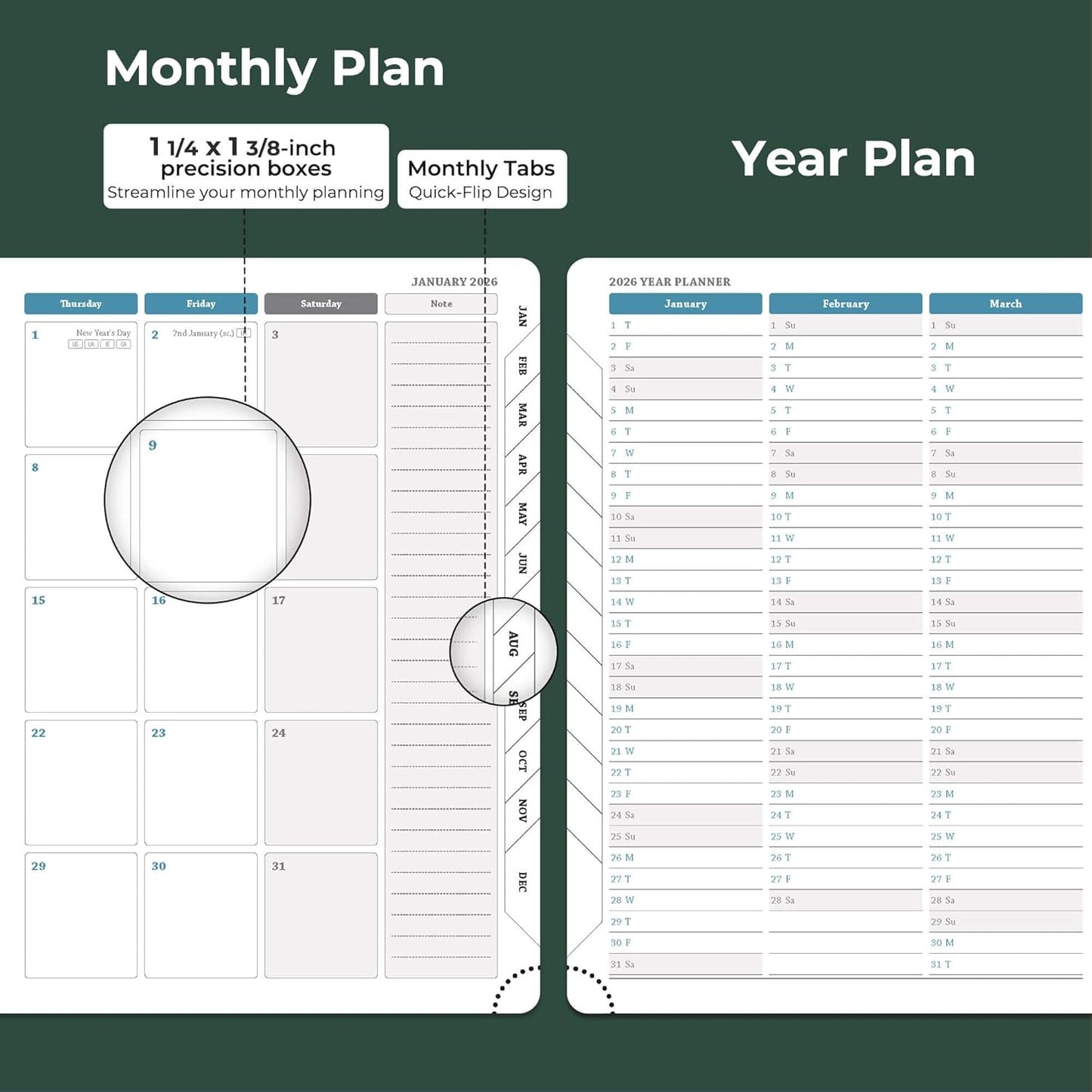 Planner 2026 Daily Weekly and Monthly,11.5"x8.5",12 Months Spiral Bound Calendar Agenda with Self-adhesive Pen Holder,2026 Appointment Book with Vegan Leather Soft Cover,Green