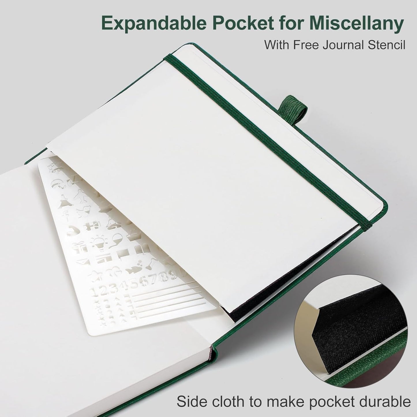 AHGXG Bullet Dotted Journal - 150 GSM Dot Grid Notebook Journal, Thick Acid-Free Paper, A5 Dotted Notebook 128 Pages, Leather Hardcover, Inner Pocket, Journal Stencil, 5.7'' × 8.3'' - Green