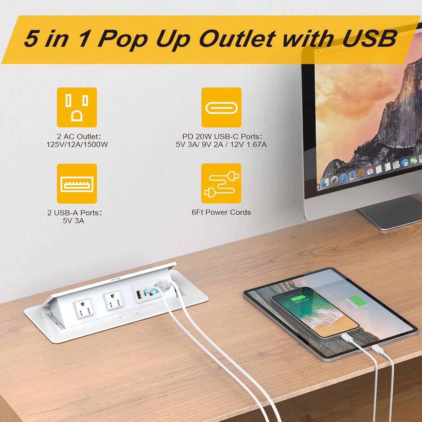 UL Listed Recessed Power Strip, Pop Up Power Cover Box Desktop Socket with USB C Charging Ports, Stainless Steel Receptacle Outlet for Conference Room Countertop (White-USB C)