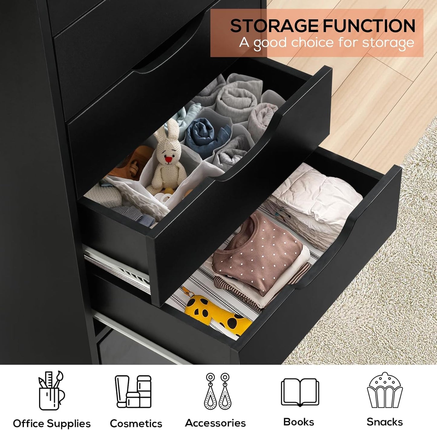 TUSY 5-Drawer Storage Cabinet, File Organizer with Caster Wheels, Chest of Drawers, Mobile File Cabinets, File Cabinets for Home Office, Under Desk Cabinet, Organization and Storage for Office, Black