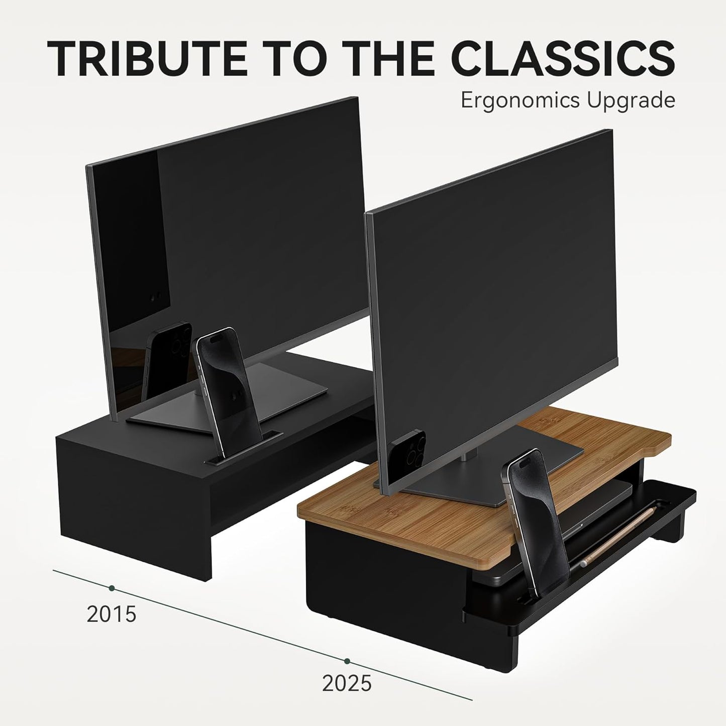 Monitor Stand Monitor Stand Riser for Desk,Wood Desk Shelf Storage Organizer with Phone Tablet Holder (16.5 Inch, Black & Dark Bamboo)