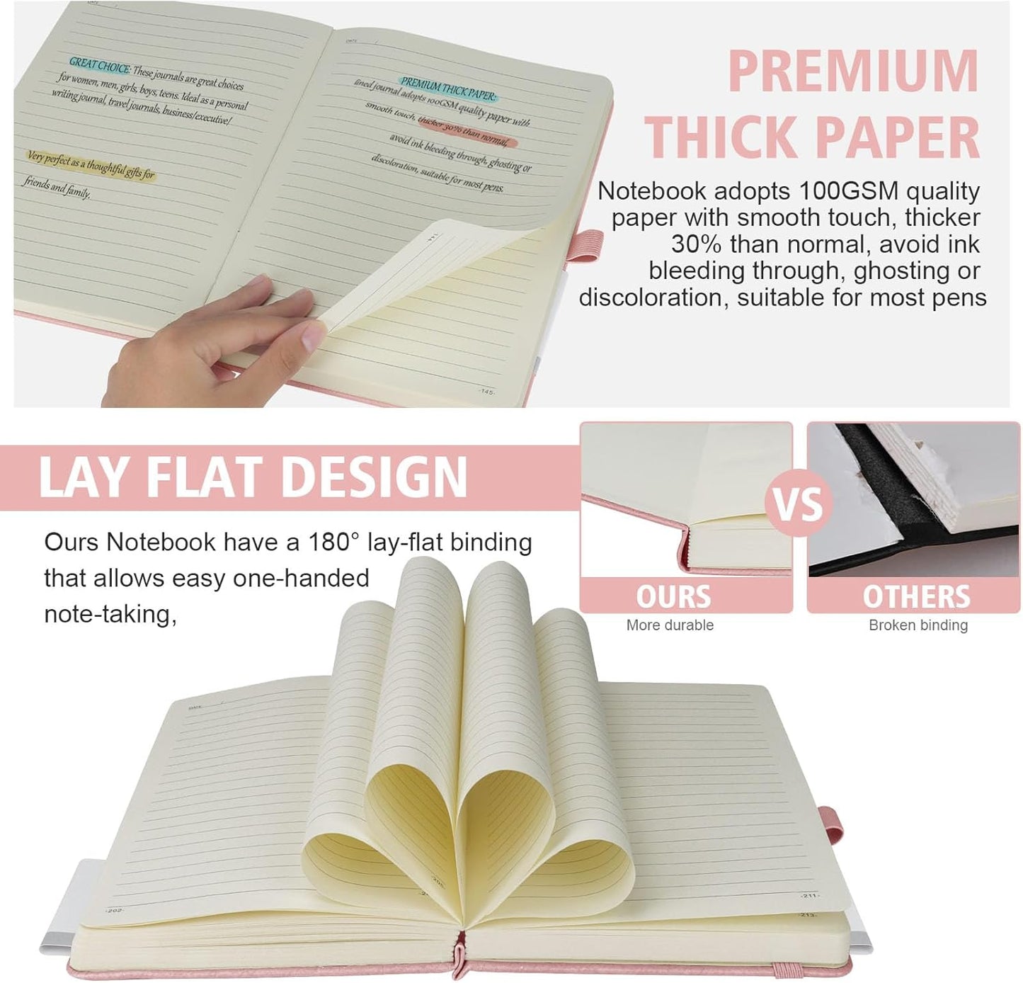 Lined Journal Notebook, 360 Numbered Pages(With page number), Thick Journal for Writing B5 College Ruled Notebook, 100gsm Lined Paper, Leather Hardcover, 9.8'' X 6.9''-Pink