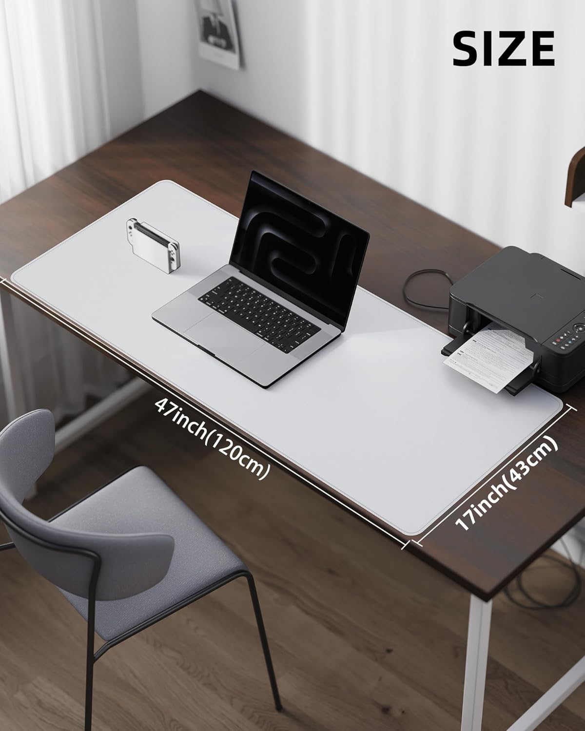 Large Desk Pad Mat - Waterproof Mouse Pad & Desk Protector, Non-Slip XL PU Leather Gaming Mat for Keyboard/Mouse, Stitched Edge with Ergonomic Support, 47"x17" (White)